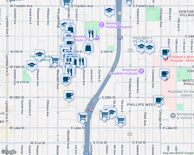 map of restaurants, bars, coffee shops, grocery stores, and more near 2610 3rd Avenue South in Minneapolis