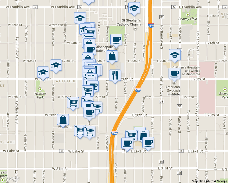 map of restaurants, bars, coffee shops, grocery stores, and more near 2612 2nd Avenue South in Minneapolis