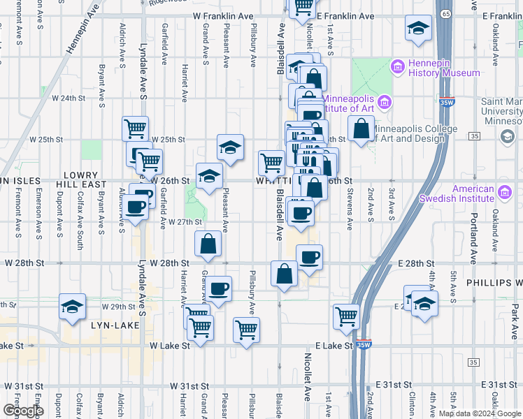 map of restaurants, bars, coffee shops, grocery stores, and more near 2621 Pillsbury Avenue in Minneapolis