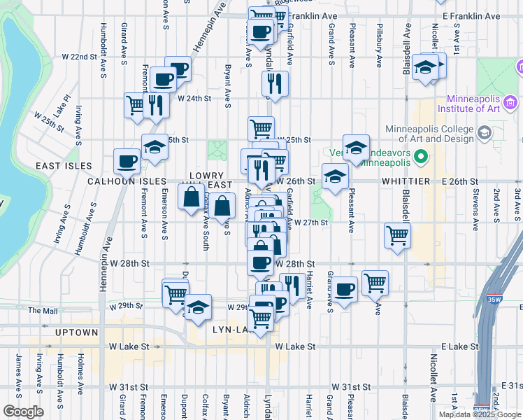 map of restaurants, bars, coffee shops, grocery stores, and more near in Minneapolis