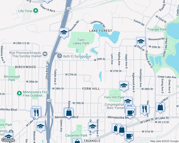 map of restaurants, bars, coffee shops, grocery stores, and more near 4801 West 26th Street in Minneapolis
