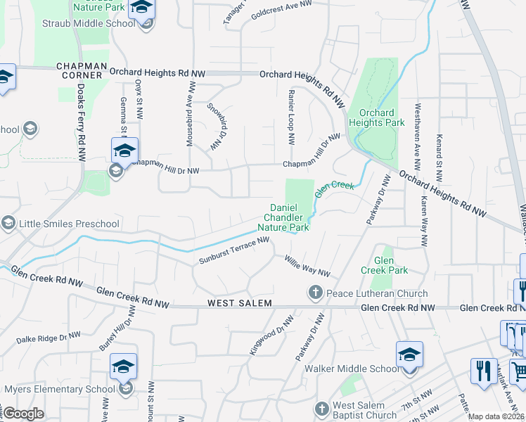 map of restaurants, bars, coffee shops, grocery stores, and more near 1673 Olympia Court Northwest in Salem