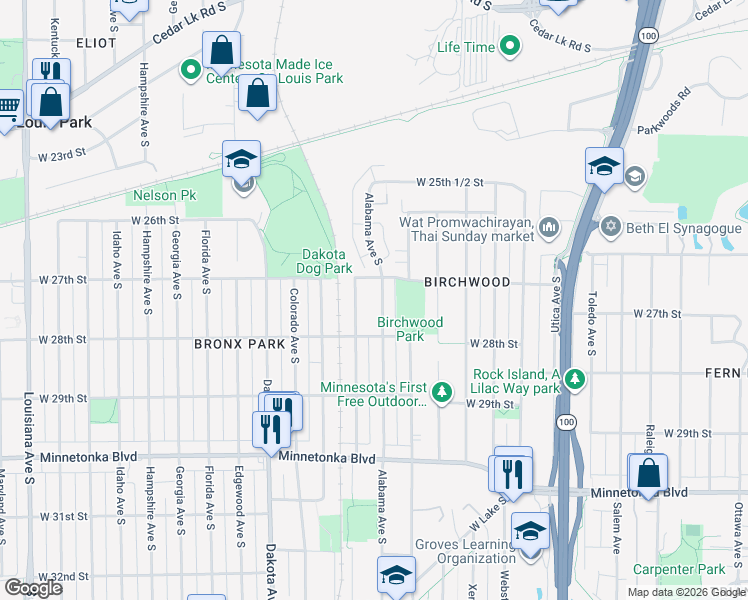 map of restaurants, bars, coffee shops, grocery stores, and more near 2701 Alabama Avenue South in Minneapolis