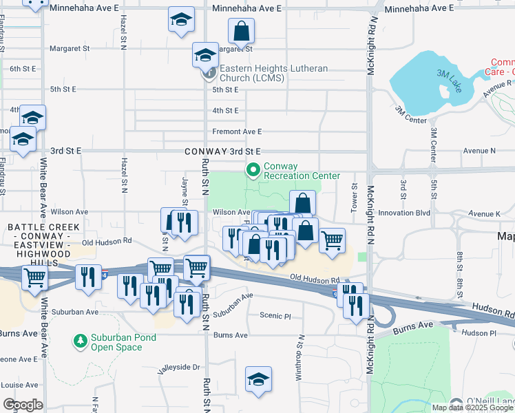 map of restaurants, bars, coffee shops, grocery stores, and more near 2105 Wilson Avenue in Saint Paul