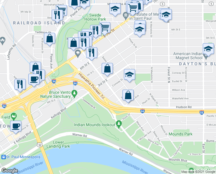 map of restaurants, bars, coffee shops, grocery stores, and more near in Saint Paul