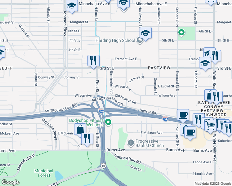 map of restaurants, bars, coffee shops, grocery stores, and more near 1450 Wilson Avenue in Saint Paul