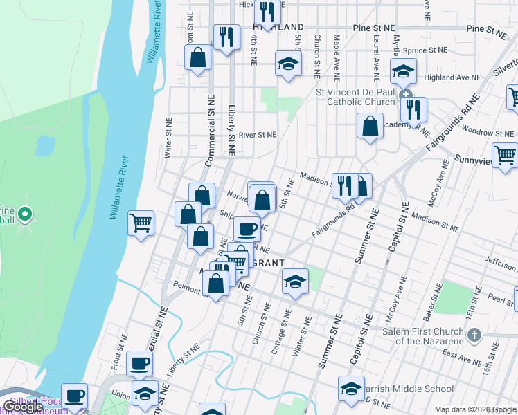 map of restaurants, bars, coffee shops, grocery stores, and more near 1583 Broadway Street Northeast in Salem