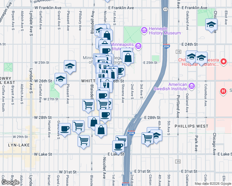 map of restaurants, bars, coffee shops, grocery stores, and more near 2633 1st Avenue South in Minneapolis