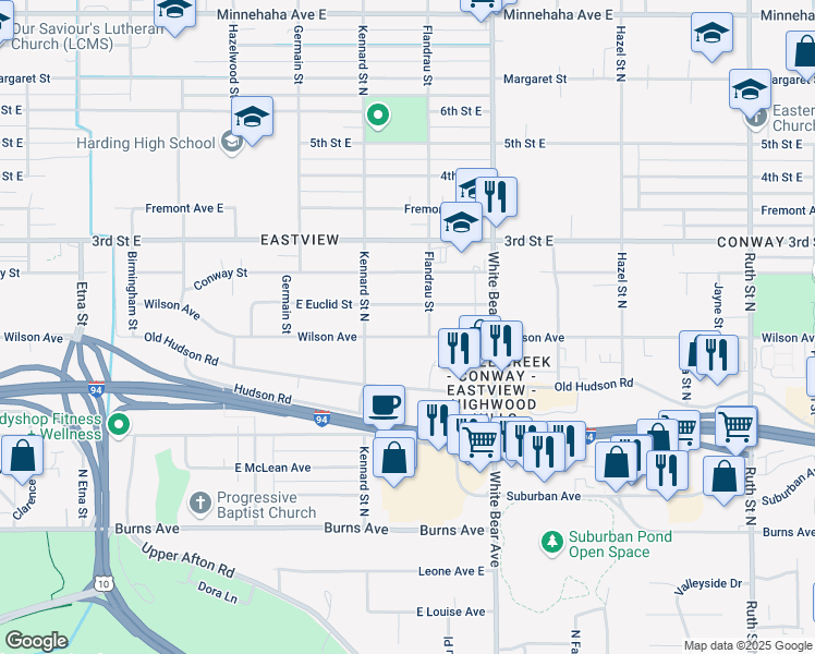 map of restaurants, bars, coffee shops, grocery stores, and more near 1706 East Euclid Street in Saint Paul