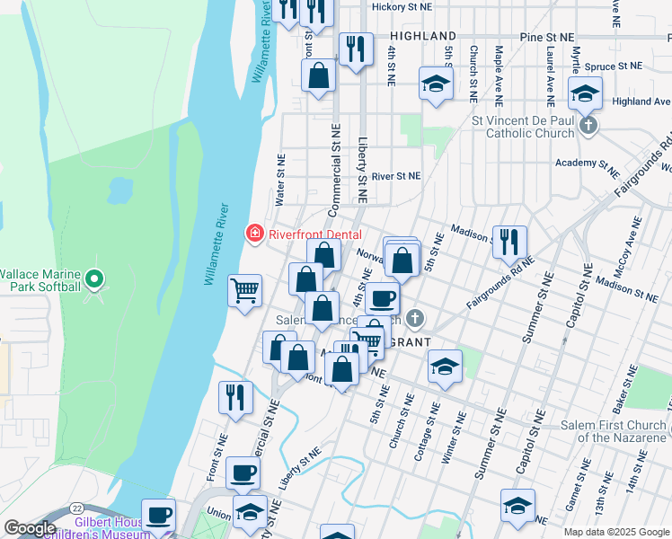 map of restaurants, bars, coffee shops, grocery stores, and more near 1588 Commercial Street Northeast in Salem