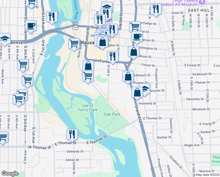 map of restaurants, bars, coffee shops, grocery stores, and more near 325 South 4th Street in Wausau