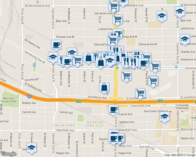map of restaurants, bars, coffee shops, grocery stores, and more near 449 Fry Street in Saint Paul