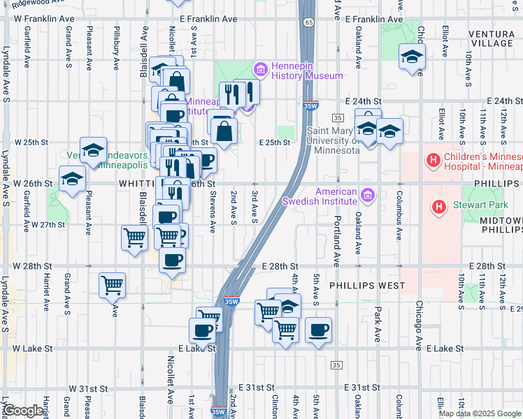 map of restaurants, bars, coffee shops, grocery stores, and more near 2610 3rd Avenue South in Minneapolis