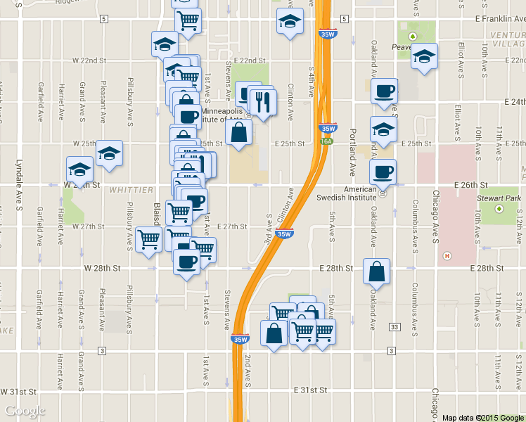 map of restaurants, bars, coffee shops, grocery stores, and more near 2610 3rd Avenue South in Minneapolis