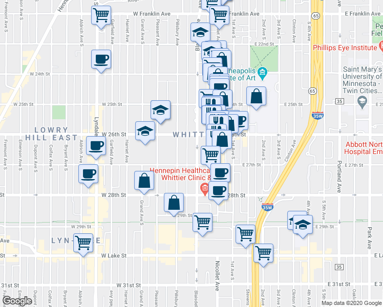 map of restaurants, bars, coffee shops, grocery stores, and more near 2621 Pillsbury Avenue in Minneapolis