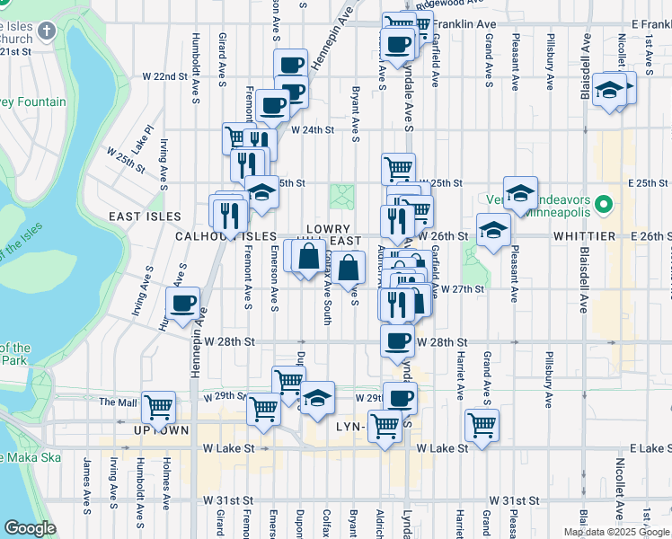 map of restaurants, bars, coffee shops, grocery stores, and more near 2618 Bryant Avenue South in Minneapolis