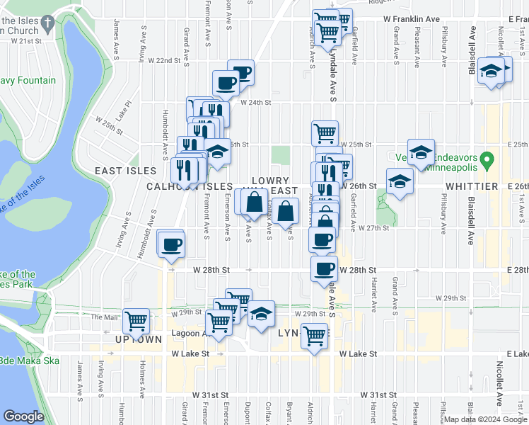 map of restaurants, bars, coffee shops, grocery stores, and more near in Minneapolis