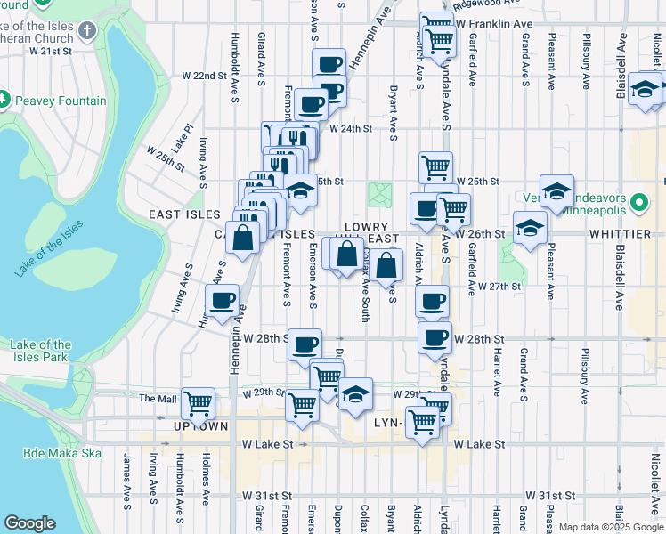 map of restaurants, bars, coffee shops, grocery stores, and more near 2615 Emerson Avenue South in Minneapolis