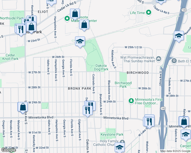 map of restaurants, bars, coffee shops, grocery stores, and more near 2700 Brunswick Avenue South in Minneapolis