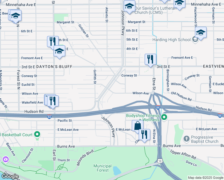 map of restaurants, bars, coffee shops, grocery stores, and more near 433 Johnson Parkway in Saint Paul