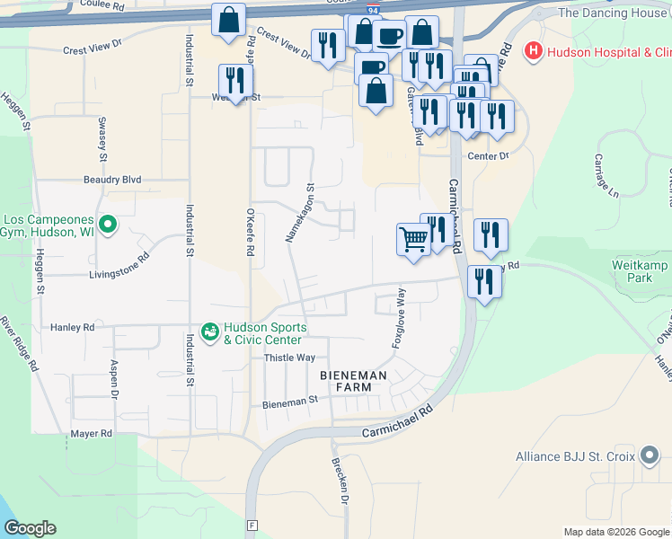 map of restaurants, bars, coffee shops, grocery stores, and more near 2221 Hanley Road in Hudson