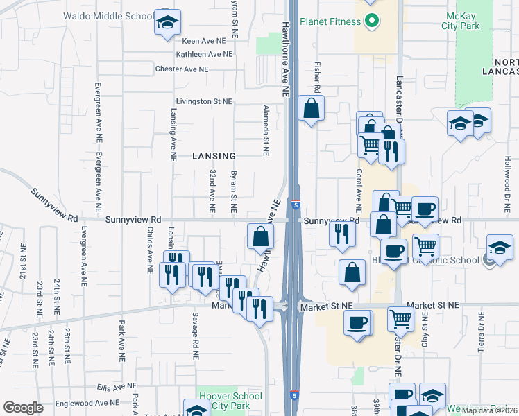 map of restaurants, bars, coffee shops, grocery stores, and more near 2085 Debbie Way Northeast in Salem