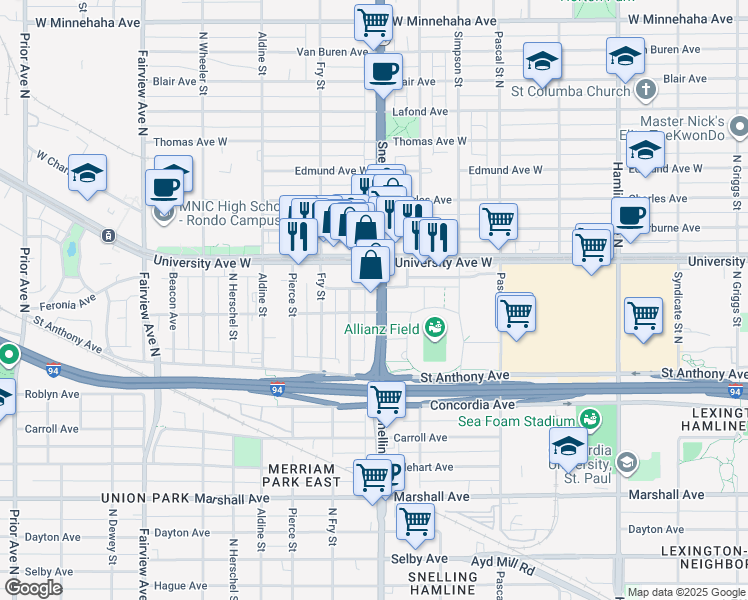 map of restaurants, bars, coffee shops, grocery stores, and more near 455 Snelling Avenue North in Saint Paul