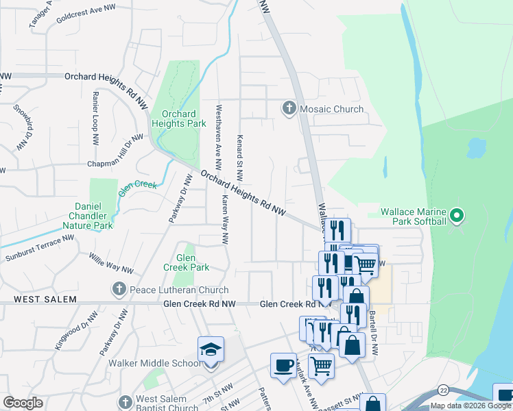 map of restaurants, bars, coffee shops, grocery stores, and more near 923 Orchard Heights Road Northwest in Salem