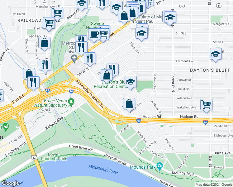 map of restaurants, bars, coffee shops, grocery stores, and more near 695 Conway Street in Saint Paul