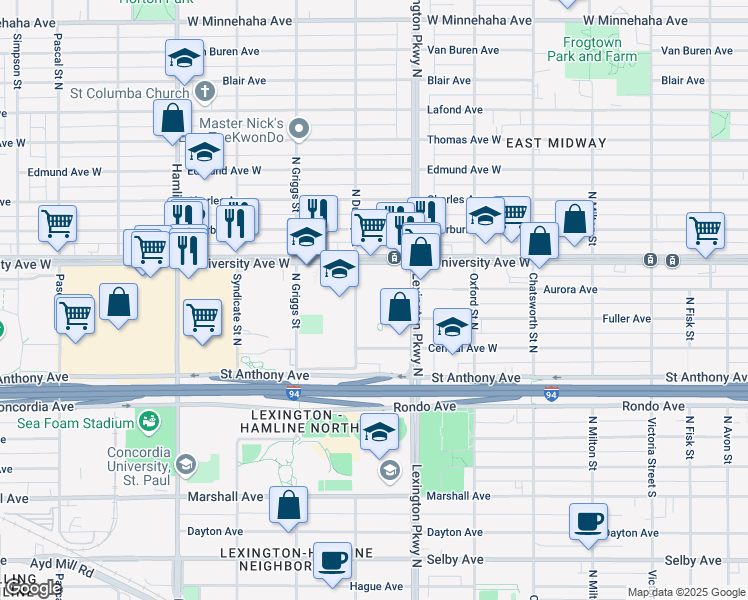 map of restaurants, bars, coffee shops, grocery stores, and more near 451 Lexington Parkway North in Saint Paul