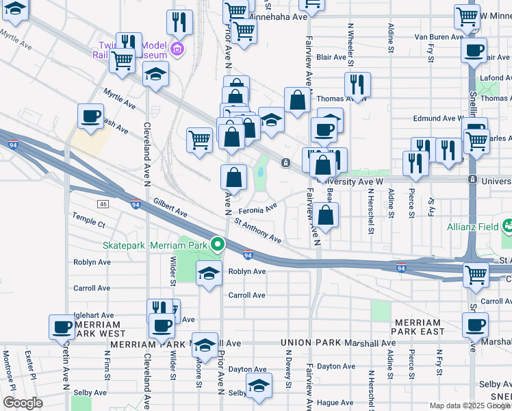 map of restaurants, bars, coffee shops, grocery stores, and more near 1 Iris Place in Saint Paul