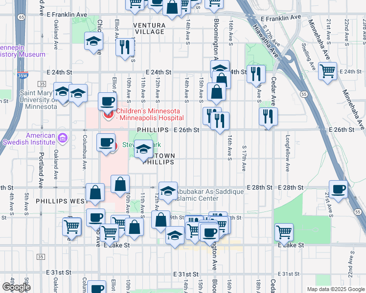 map of restaurants, bars, coffee shops, grocery stores, and more near 2616 14th Avenue South in Minneapolis