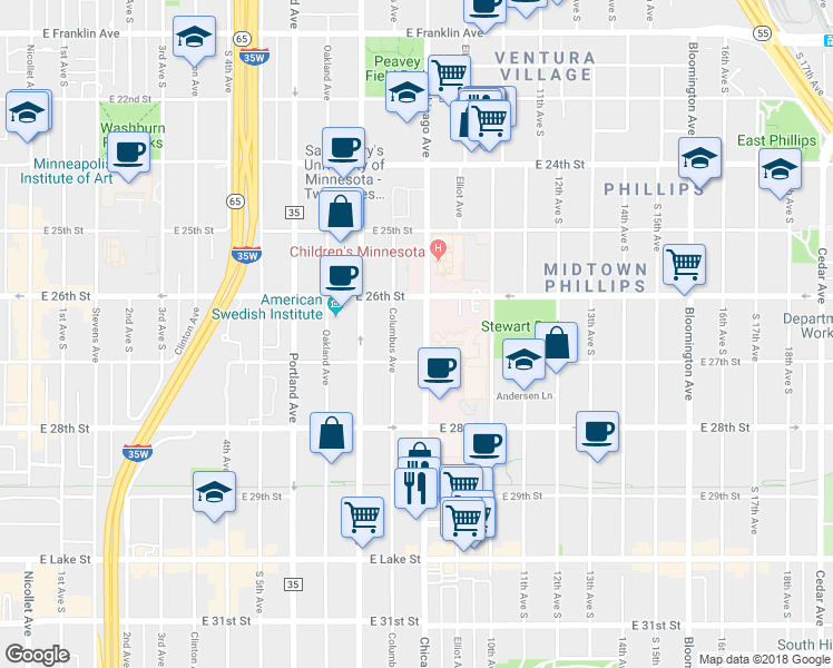 map of restaurants, bars, coffee shops, grocery stores, and more near 2610 Chicago Avenue in Minneapolis