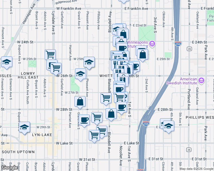 map of restaurants, bars, coffee shops, grocery stores, and more near 2621 Pillsbury Avenue in Minneapolis