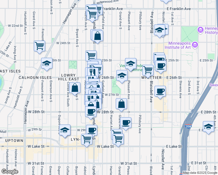 map of restaurants, bars, coffee shops, grocery stores, and more near 2615 Garfield Avenue in Minneapolis
