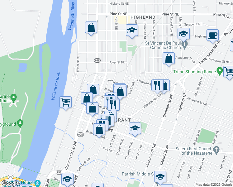 map of restaurants, bars, coffee shops, grocery stores, and more near 1587 Broadway Street Northeast in Salem