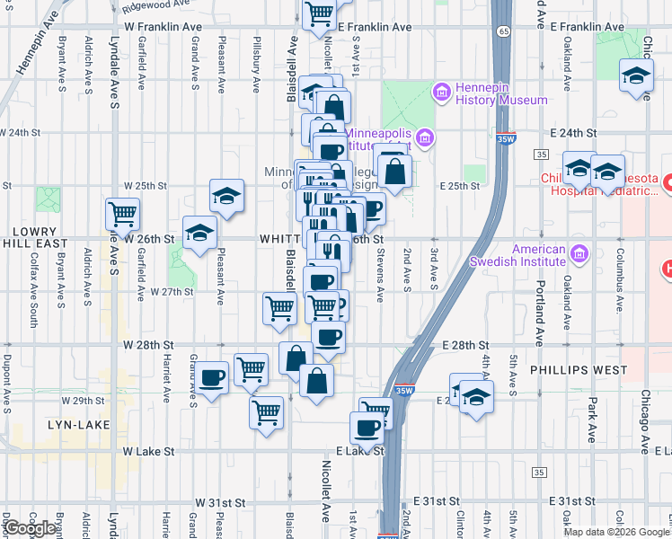 map of restaurants, bars, coffee shops, grocery stores, and more near in Minneapolis
