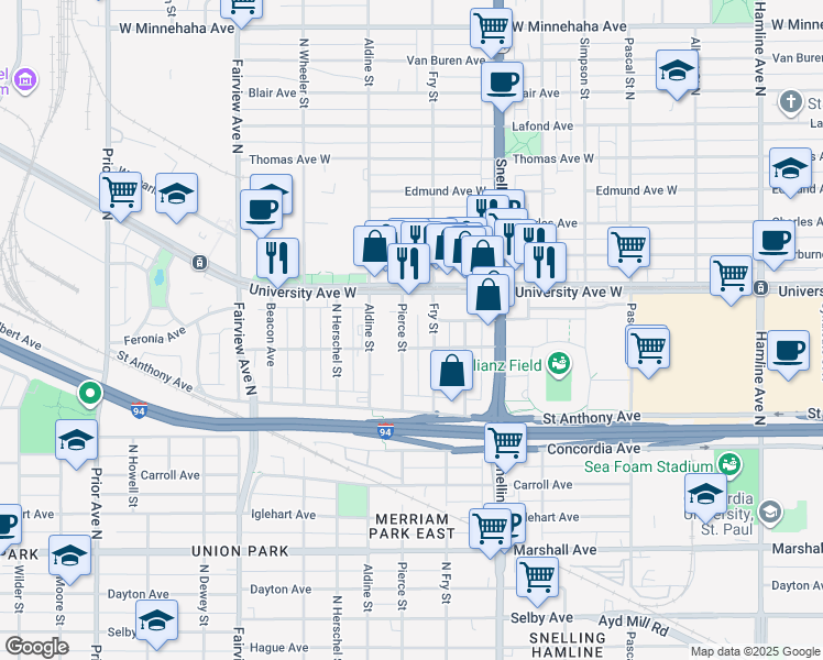 map of restaurants, bars, coffee shops, grocery stores, and more near 1690 Aldine Street in Saint Paul