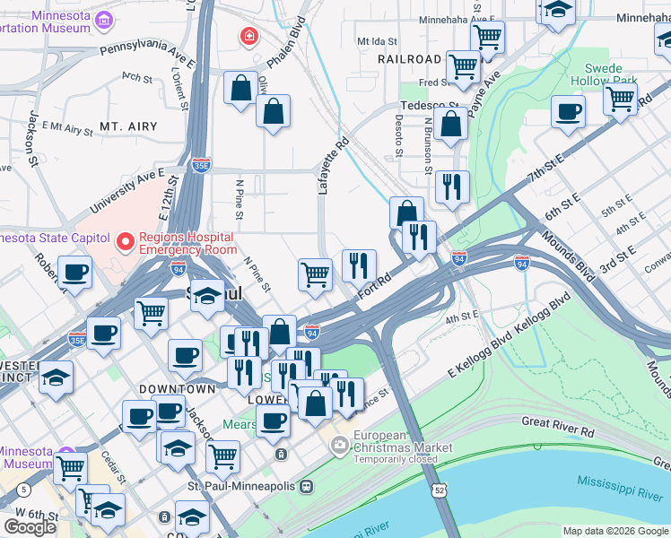 map of restaurants, bars, coffee shops, grocery stores, and more near 444 Lafayette Road in Saint Paul
