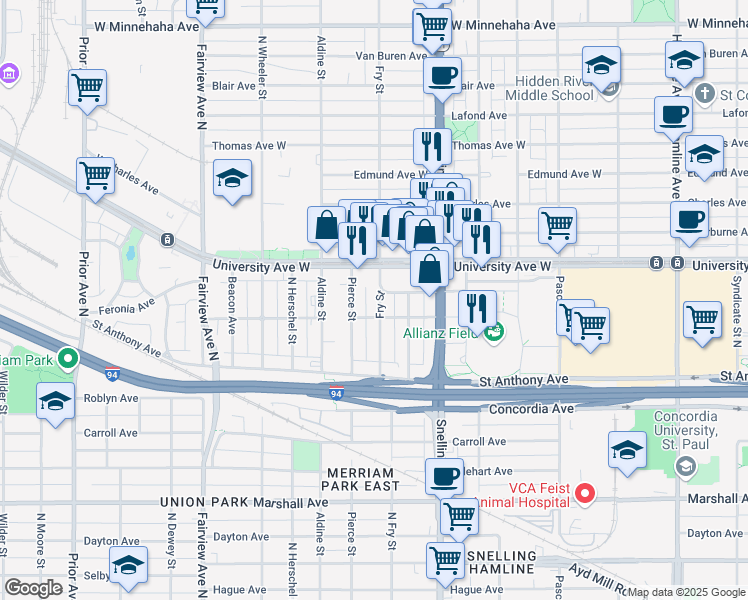 map of restaurants, bars, coffee shops, grocery stores, and more near 449 Fry Street in Saint Paul