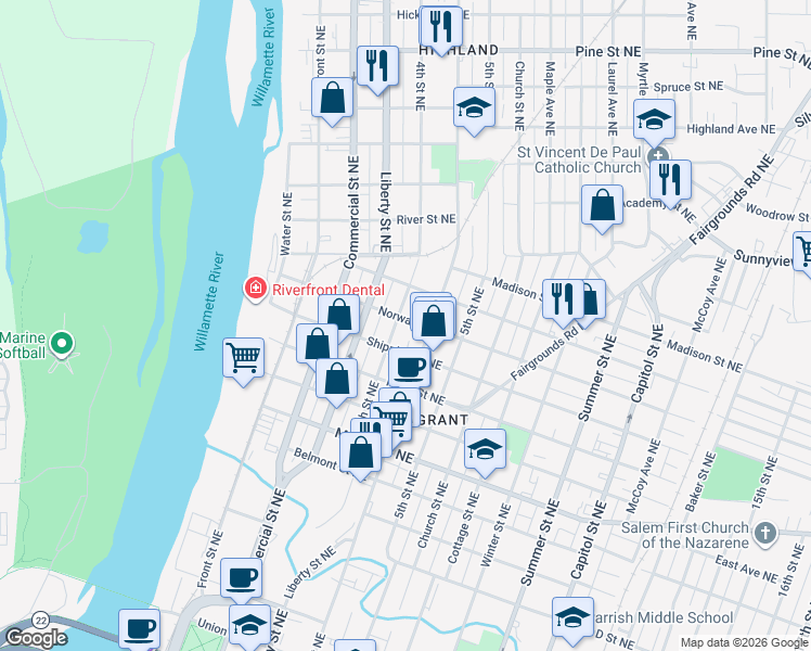 map of restaurants, bars, coffee shops, grocery stores, and more near 1625 Broadway Street in Salem