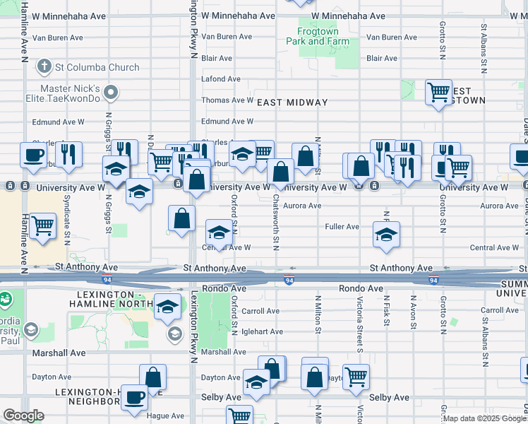 map of restaurants, bars, coffee shops, grocery stores, and more near 997 Aurora Avenue in Saint Paul