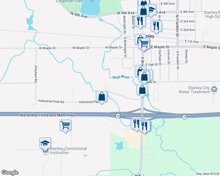 map of restaurants, bars, coffee shops, grocery stores, and more near 119 Industrial Park Road in Stanley