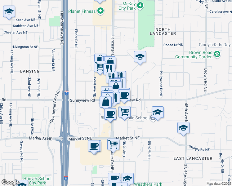 map of restaurants, bars, coffee shops, grocery stores, and more near 2100 Lancaster Drive Northeast in Salem