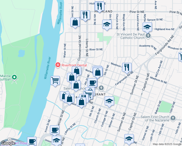 map of restaurants, bars, coffee shops, grocery stores, and more near 351 Norway Street Northeast in Salem