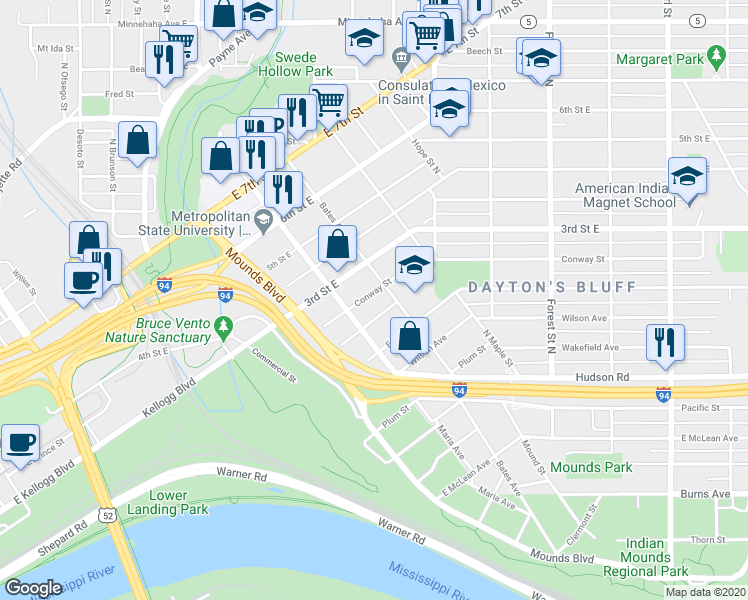 map of restaurants, bars, coffee shops, grocery stores, and more near 695 Conway Street in Saint Paul