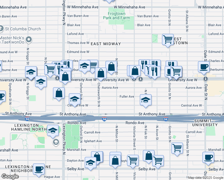 map of restaurants, bars, coffee shops, grocery stores, and more near 929 Aurora Avenue in Saint Paul