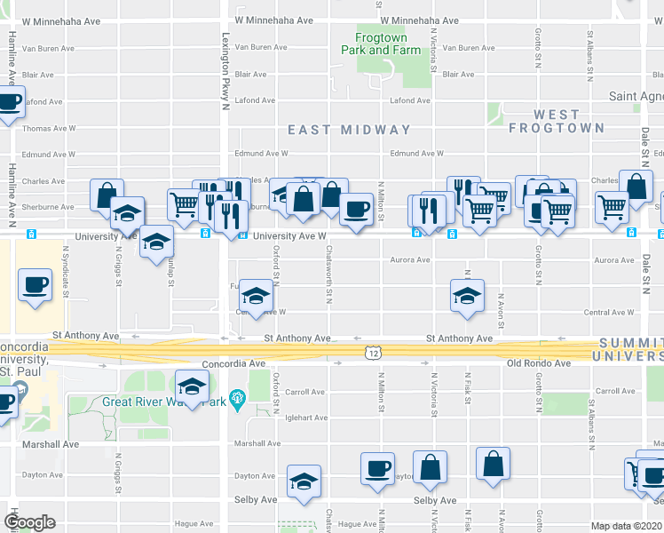map of restaurants, bars, coffee shops, grocery stores, and more near 971 Aurora Avenue in Saint Paul