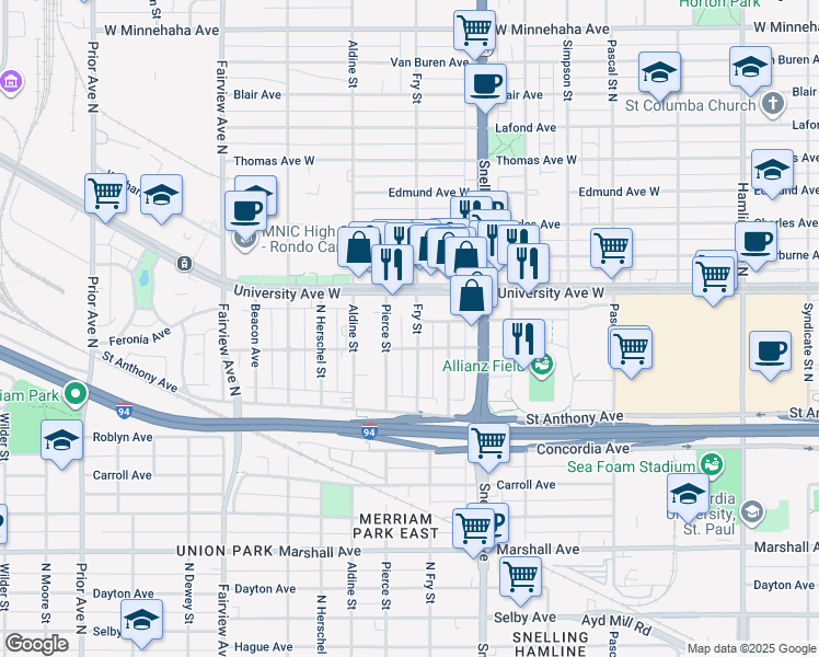 map of restaurants, bars, coffee shops, grocery stores, and more near 449 Fry Street in Saint Paul