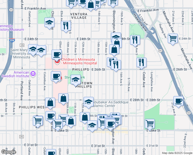 map of restaurants, bars, coffee shops, grocery stores, and more near 2616 14th Avenue South in Minneapolis